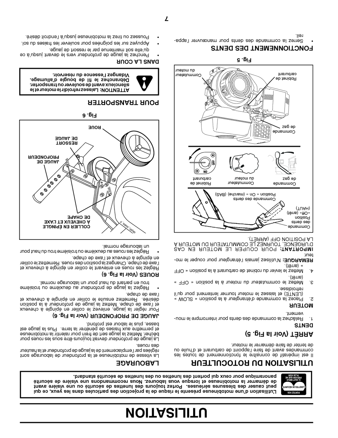 Poulan 427896, 96082001300 manual Labourage, Fig la Voir Arrêt, Transporter Pour, Dents DES Fonctionnement 