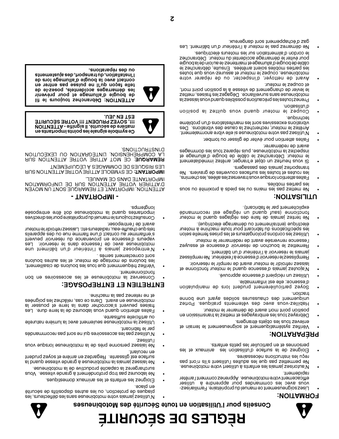 Poulan 96082001300, 427896 manual Sécurité DE Règles, Entreposage ET Entretien, Motobineuses des Sécurité toute 