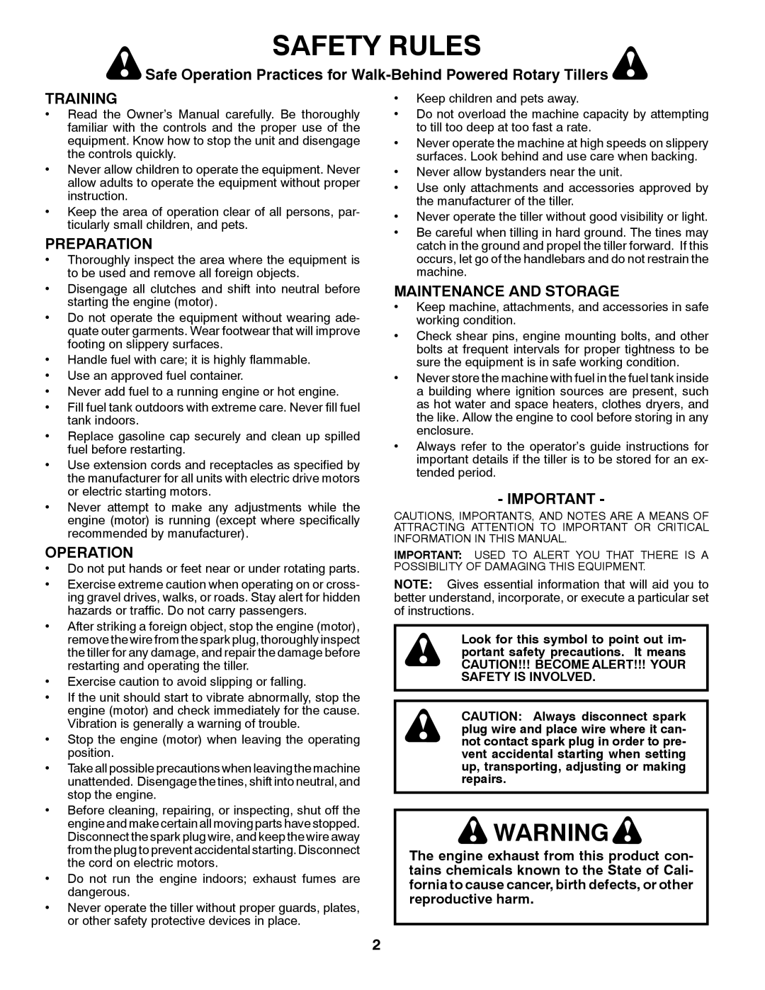 Poulan 427896 manual Safety Rules, Safe Operation Practices for Walk-Behind Powered Rotary Tillers, Training, Preparation 