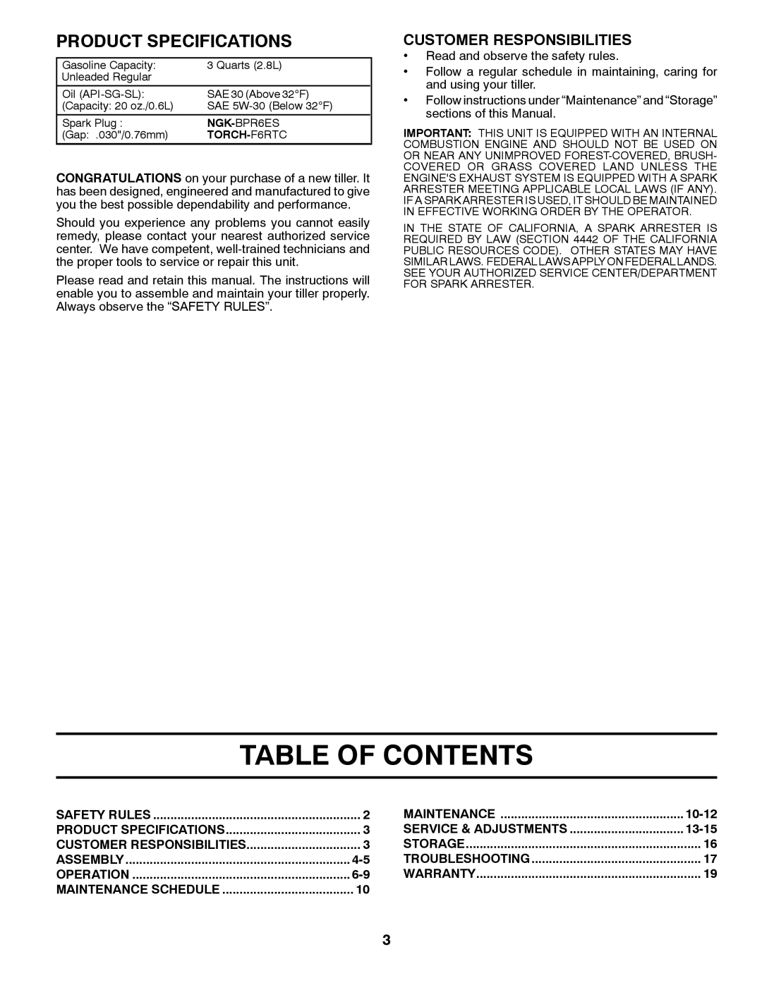 Poulan 96082001300, 427896 manual Table Of Contents, Product Specifications, Customer Responsibilities, 10-12, 13-15 