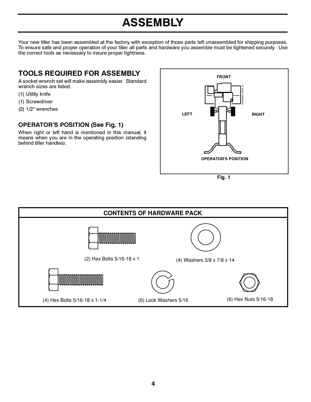 Poulan 427896, 96082001300 manual Tools Required For Assembly, OPERATOR’S POSITION See Fig, Contents Of Hardware Pack 