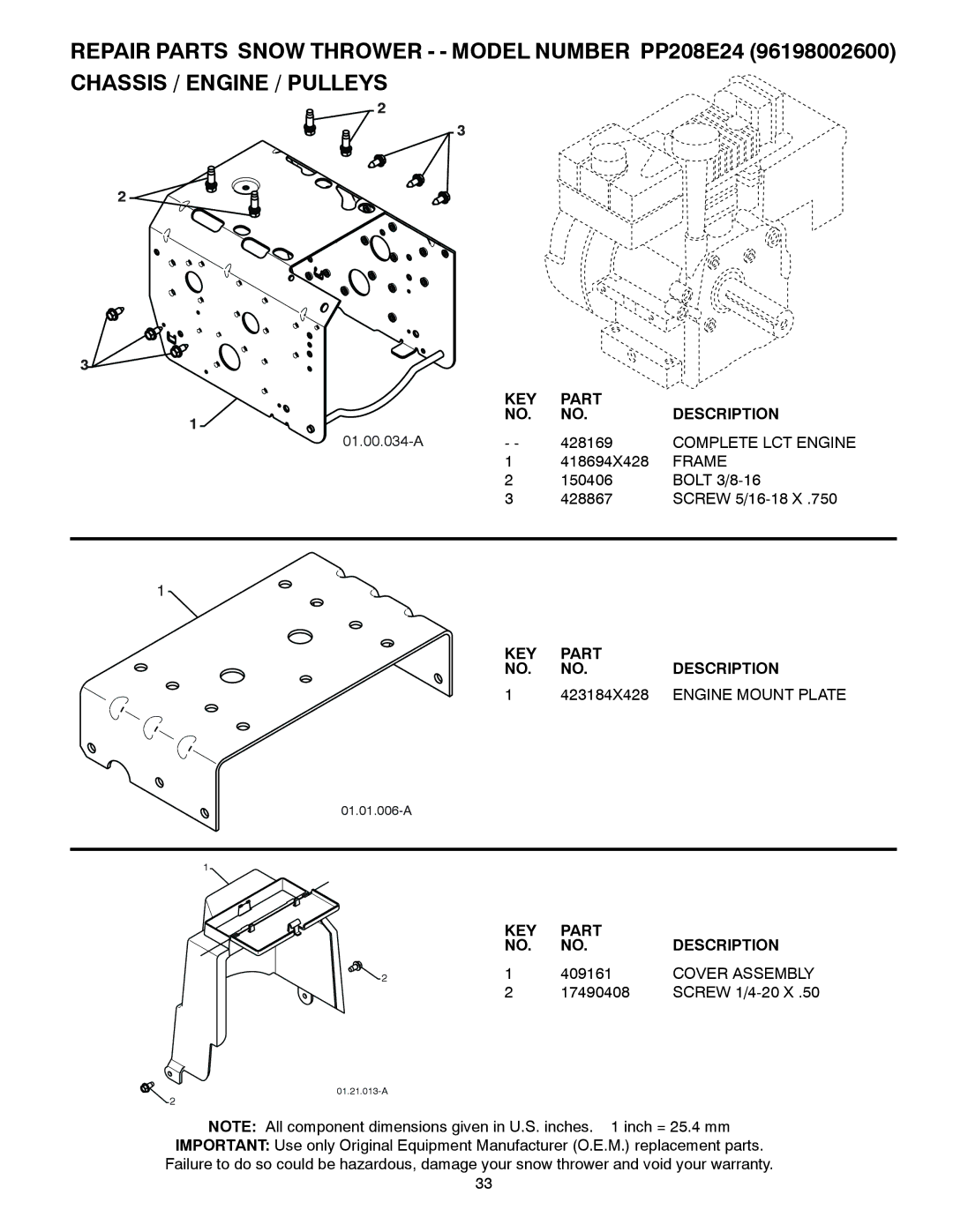 Poulan 96198002600, 428496 owner manual Complete LCT Engine, Frame, 423184X428, Engine Mount Plate, Cover Assembly 