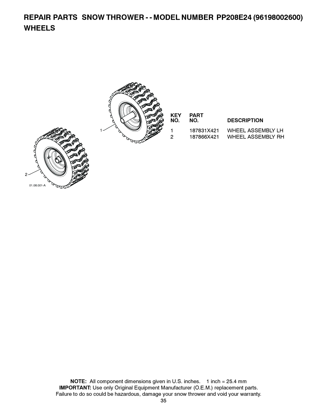 Poulan 96198002600, 428496 owner manual 187831X421, Wheel Assembly LH, 187866X421 