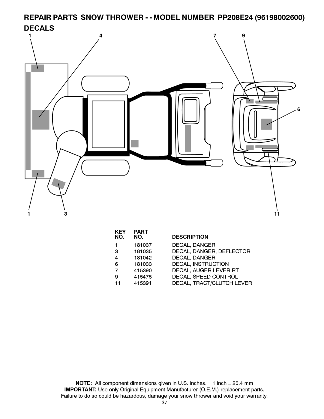 Poulan 96198002600, 428496 owner manual DECAL, Danger, DECAL, DANGER, Deflector, DECAL, Instruction, DECAL, Auger Lever RT 