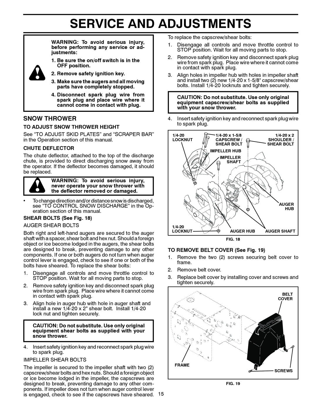 Poulan 428510, 96192002800 Service and Adjustments, To Adjust Snow Thrower Height, Chute Deflector, Shear Bolts See Fig 