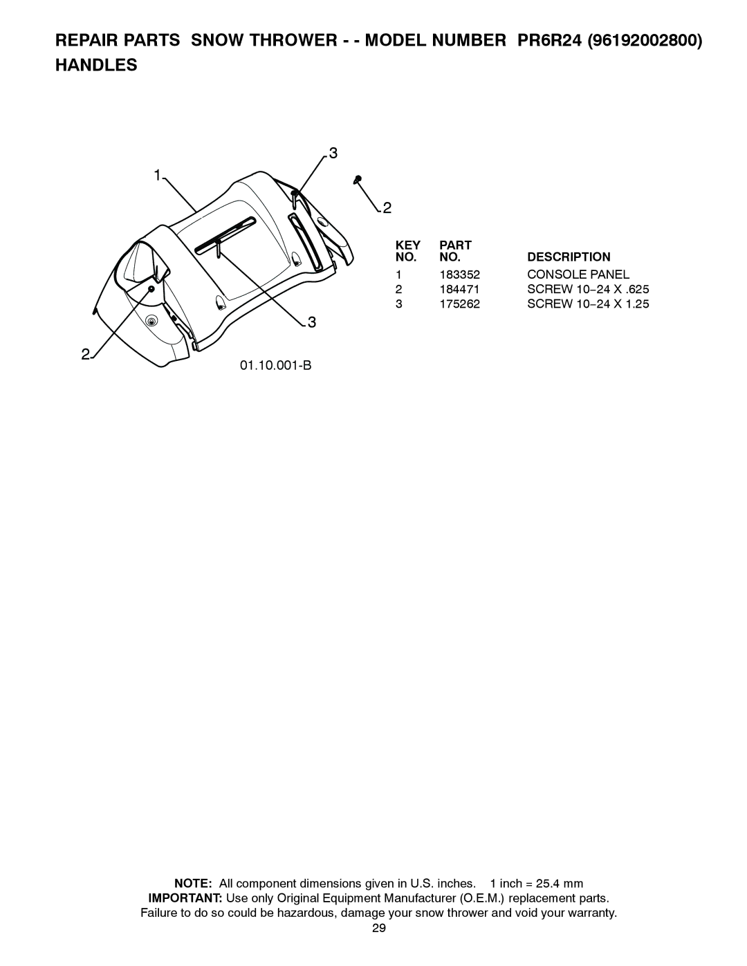 Poulan PR6R24, 428510, 96192002800 owner manual 01.10.001-B, Console Panel 