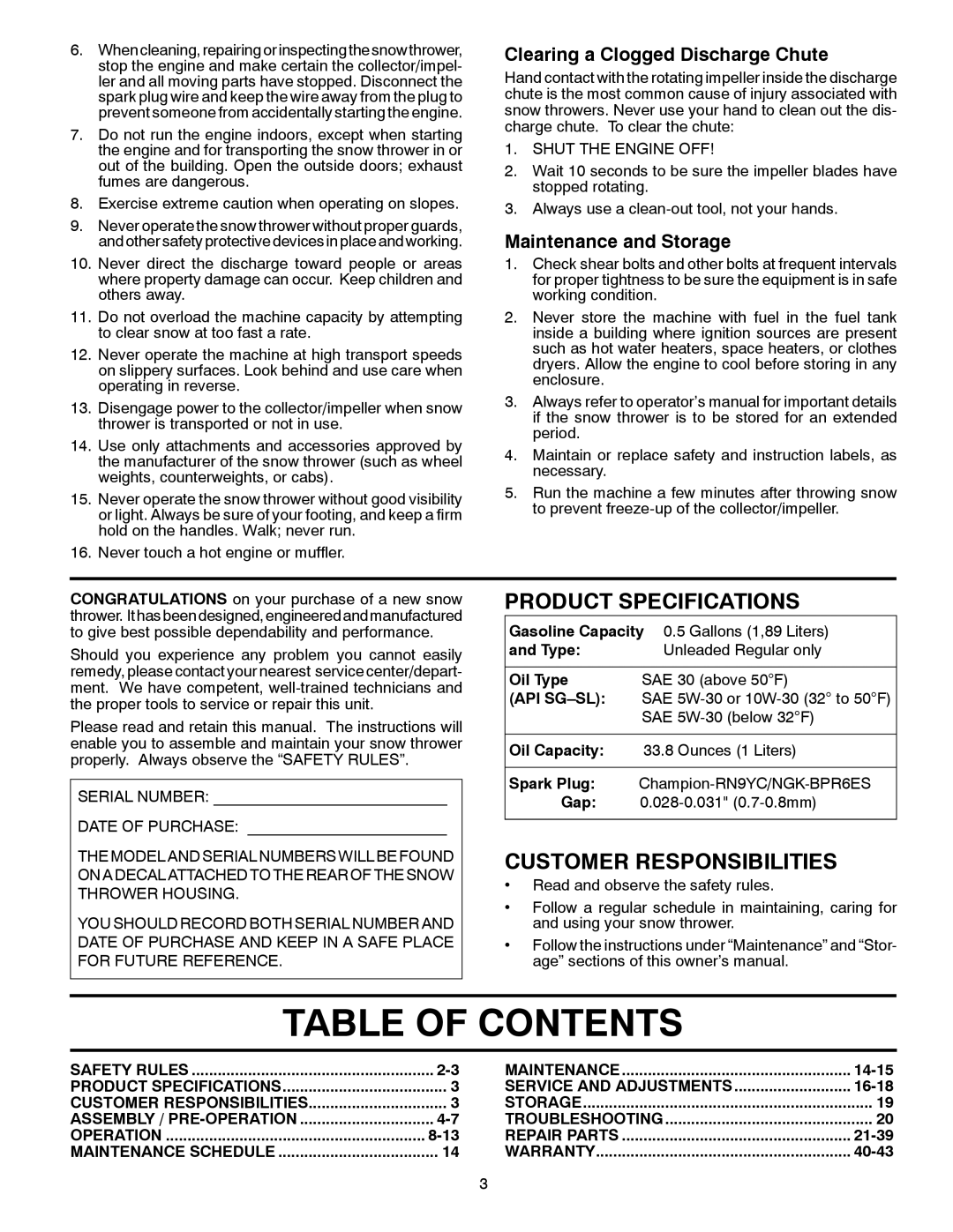 Poulan 428550 Table Of Contents, Product Specifications, Customer Responsibilities, Clearing a Clogged Discharge Chute 