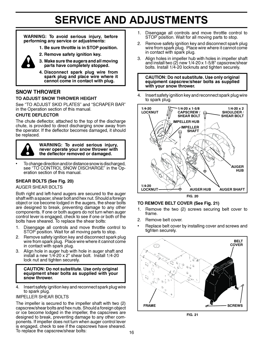 Poulan 96198002800, 428550 Service and Adjustments, To Adjust Snow Thrower Height, Chute Deflector, Shear Bolts See Fig 