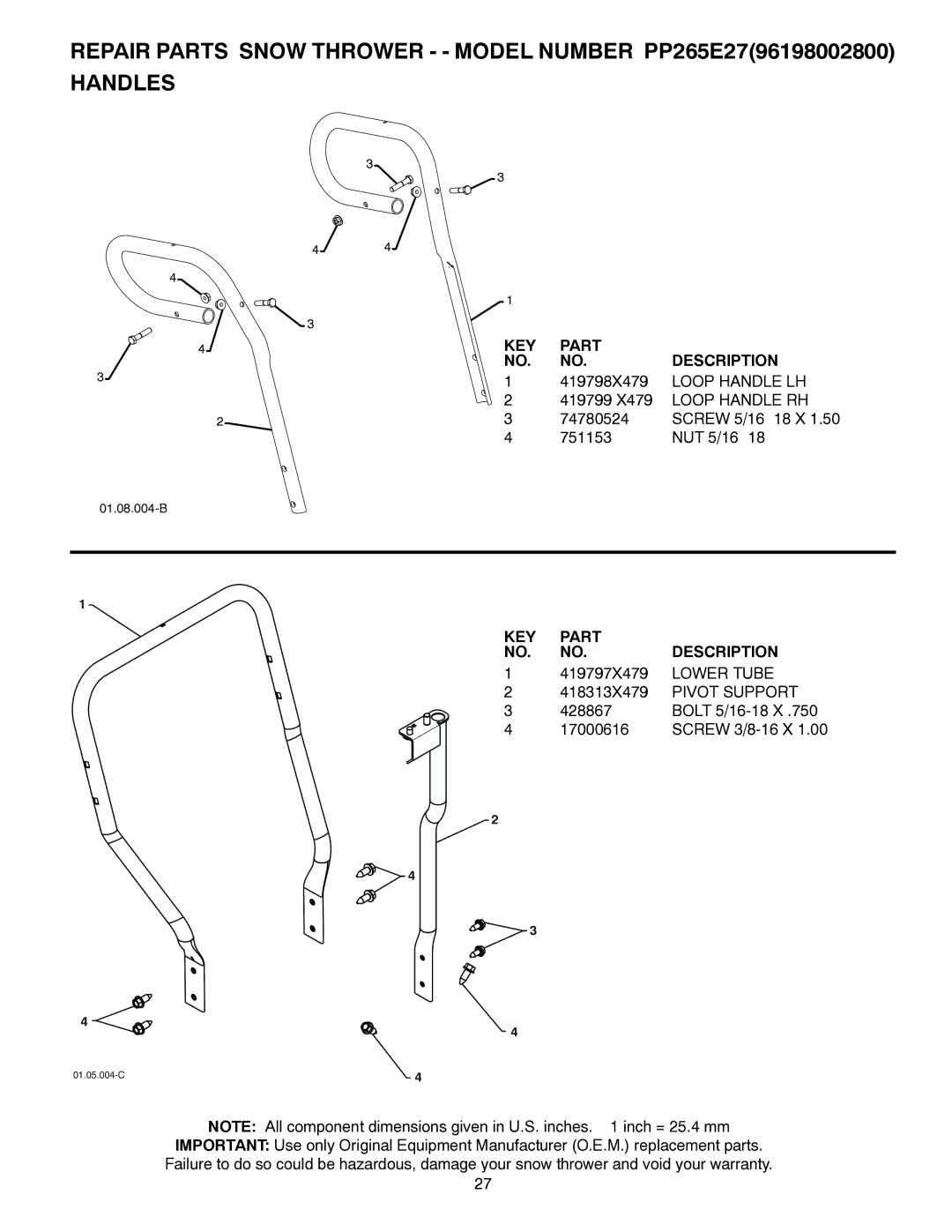 Poulan 428550, 96198002800, PP265E27 owner manual Loop Handle LH, Loop Handle RH, Lower Tube, Pivot Support 