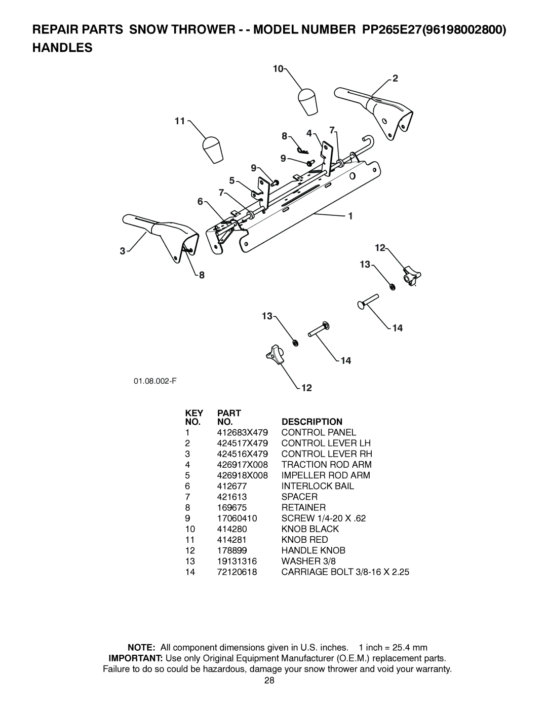 Poulan 96198002800, 428550, PP265E27 owner manual Spacer, Retainer, Knob RED, Handle Knob, Washer 3/8 