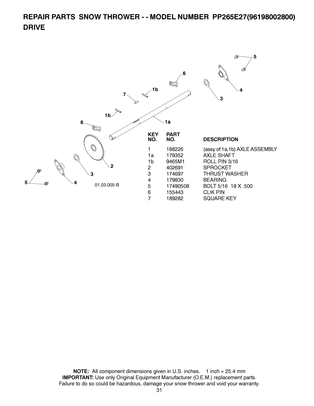 Poulan 96198002800, 428550, PP265E27 owner manual Axle Shaft, Roll PIN 3/16, Sprocket, Clik PIN 