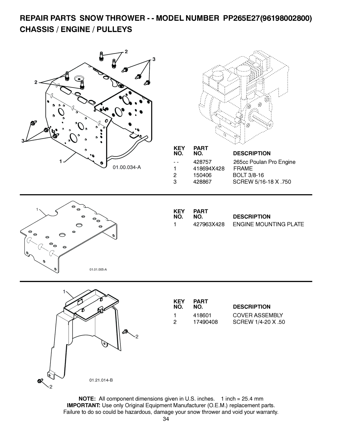 Poulan 96198002800, 428550, PP265E27 owner manual Frame, 427963X428, Engine Mounting Plate, Cover Assembly 