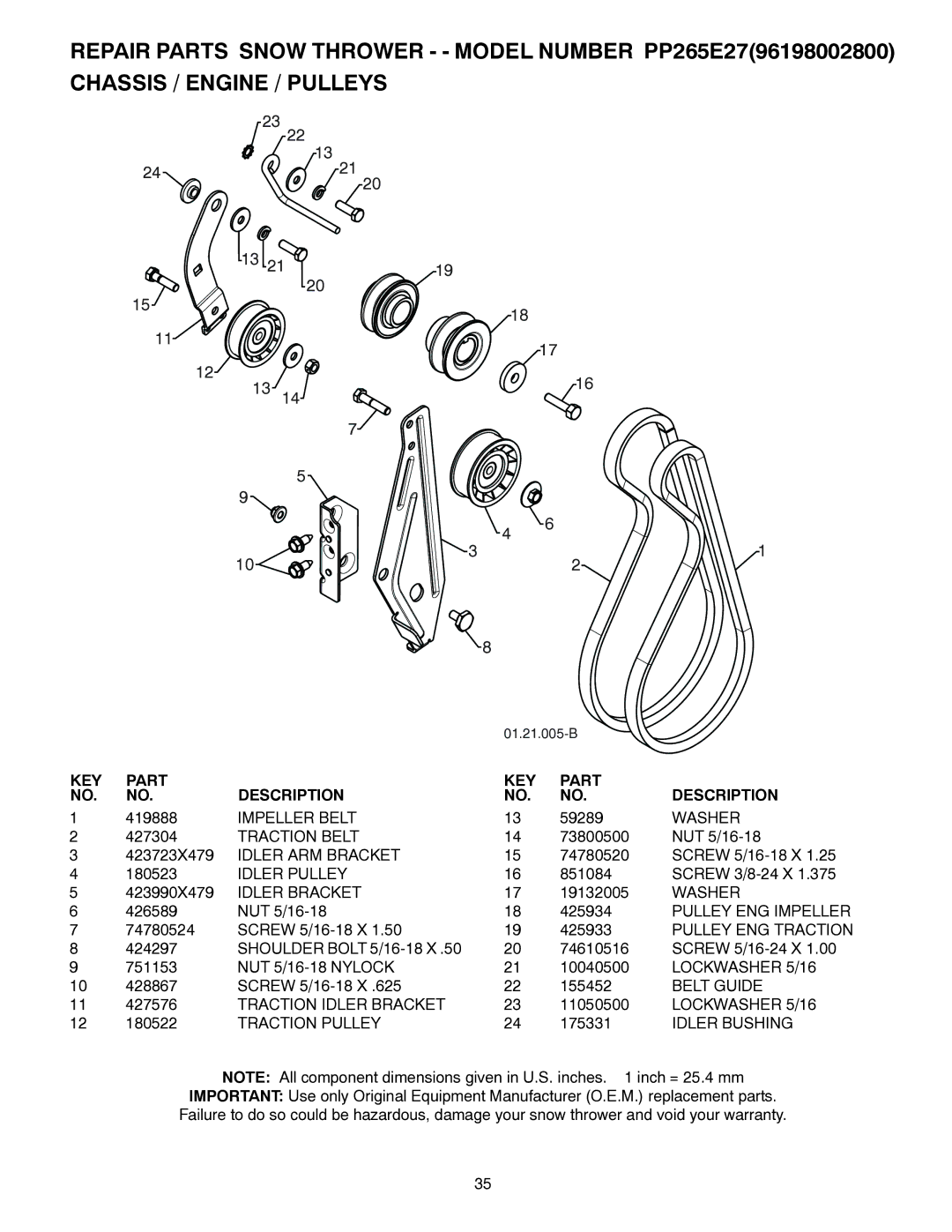 Poulan PP265E27, 428550 Impeller Belt, Traction Belt, Idler ARM Bracket, Idler Pulley, Idler Bracket, Pulley ENG Impeller 