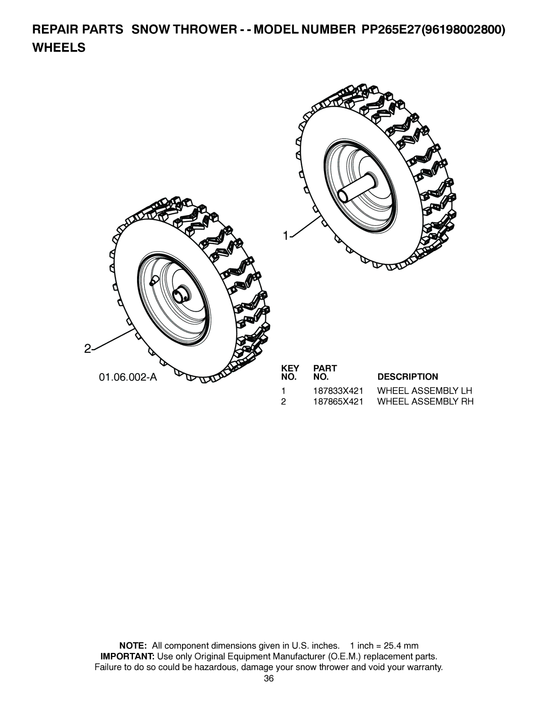 Poulan 428550, 96198002800, PP265E27 owner manual 187833X421, Wheel Assembly LH, 187865X421 