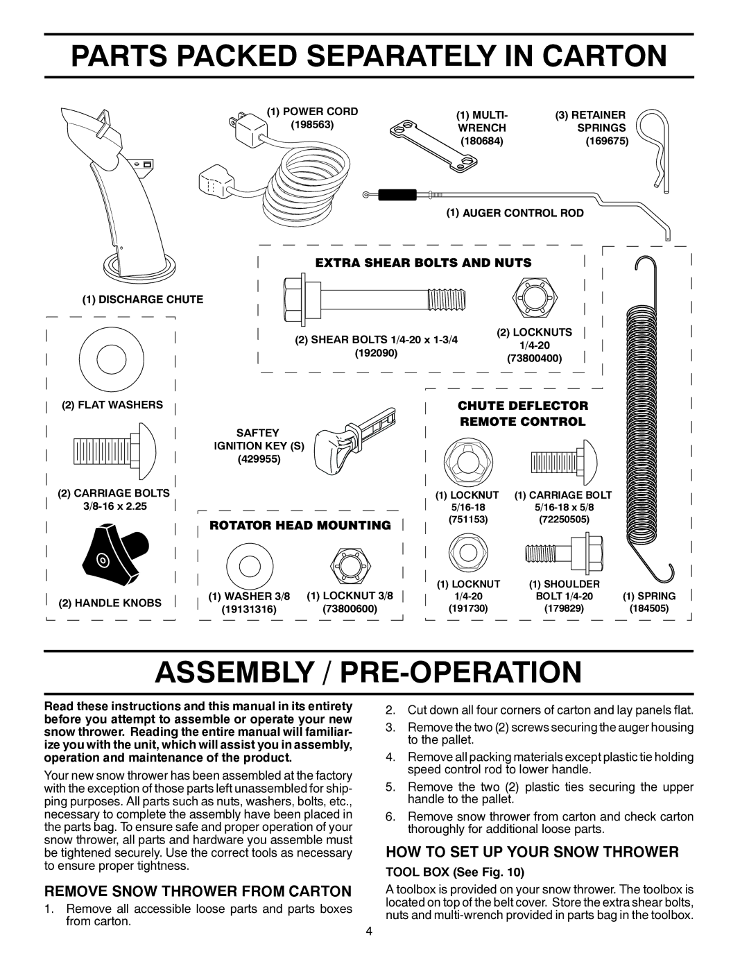 Poulan 96198002800, 428550 Parts Packed Separately in Carton, Assembly / PRE-OPERATION, Remove Snow Thrower from Carton 