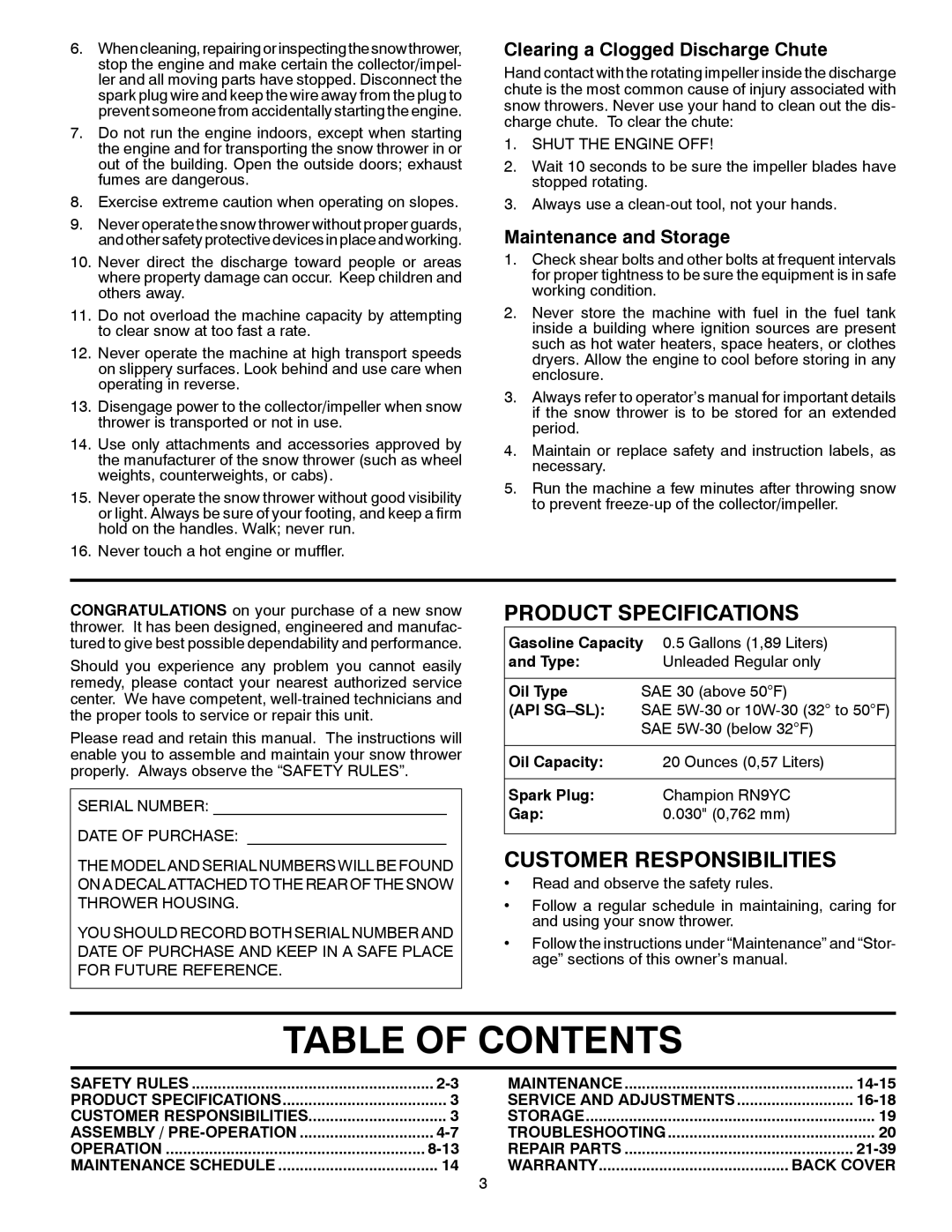 Poulan PR1330ES Table Of Contents, Product Specifications, Customer Responsibilities, Clearing a Clogged Discharge Chute 