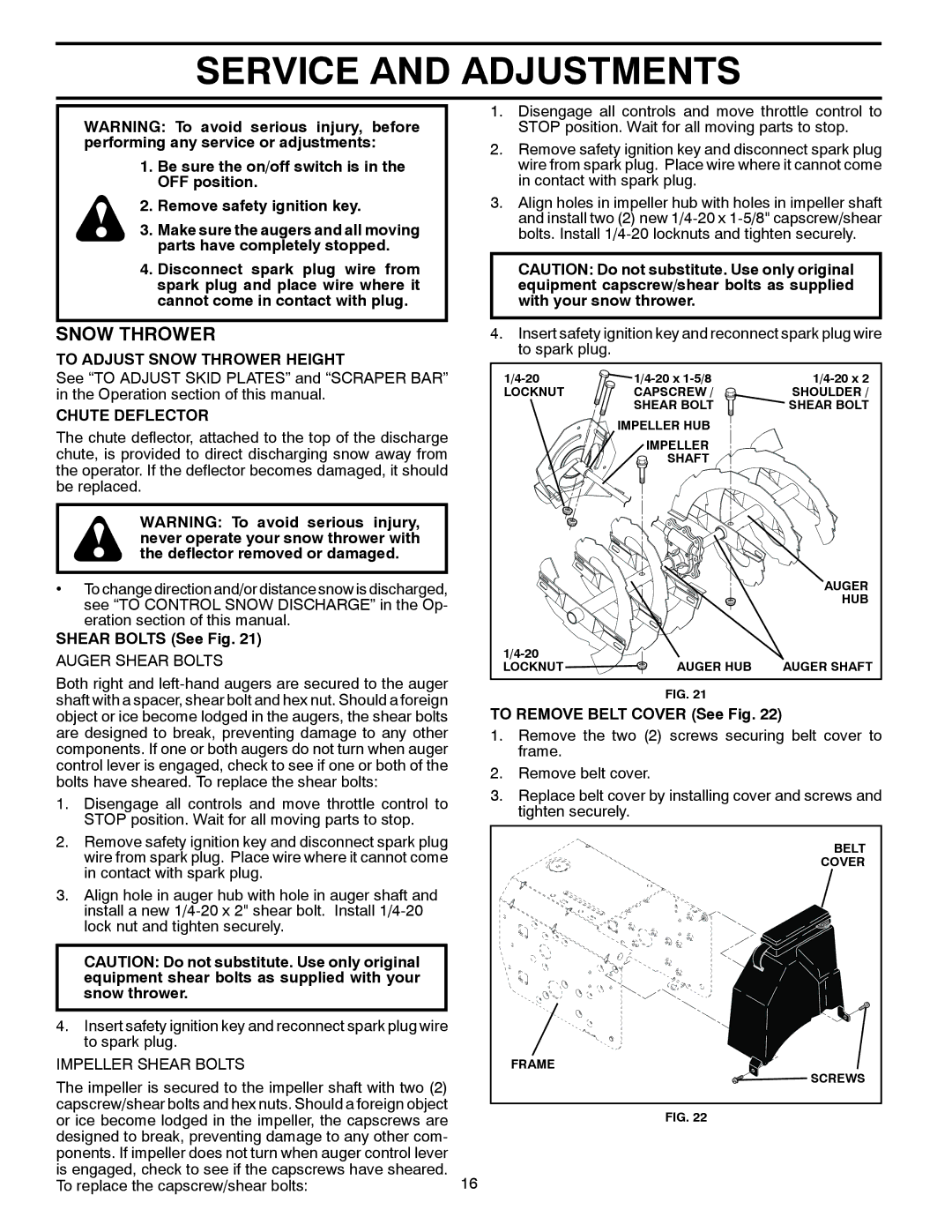 Poulan 428553, 96192003200 Service and Adjustments, To Adjust Snow Thrower Height, Chute Deflector, Shear Bolts See Fig 