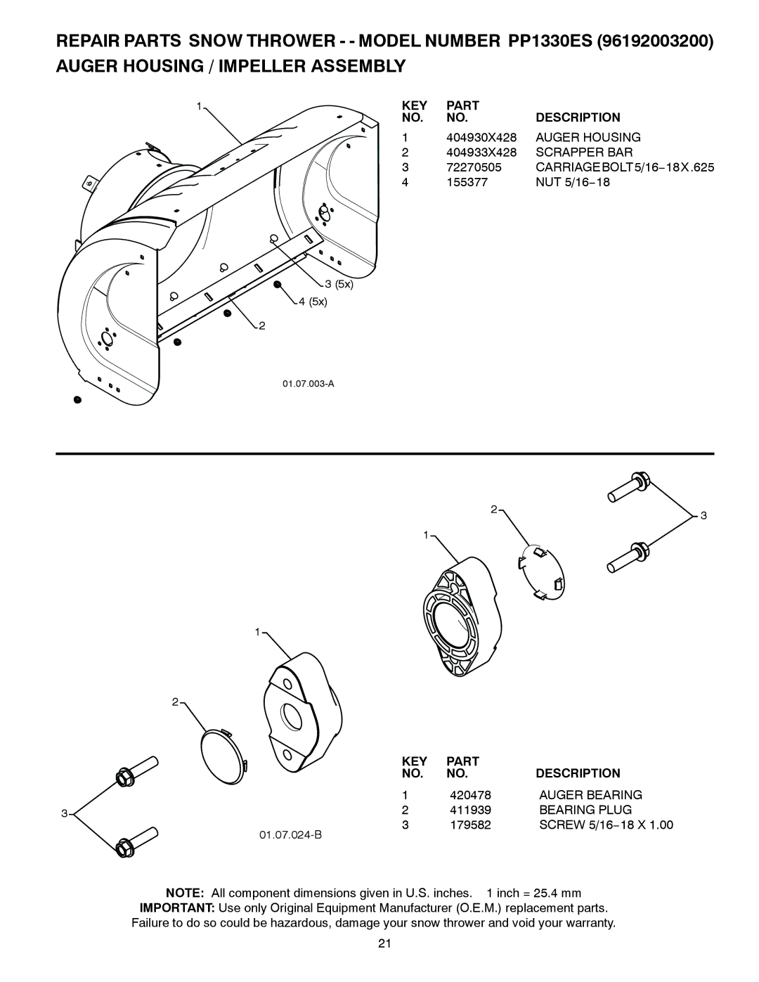 Poulan 96192003200, 428553, PP1330ES, PR1330ES owner manual KEY Part Description 