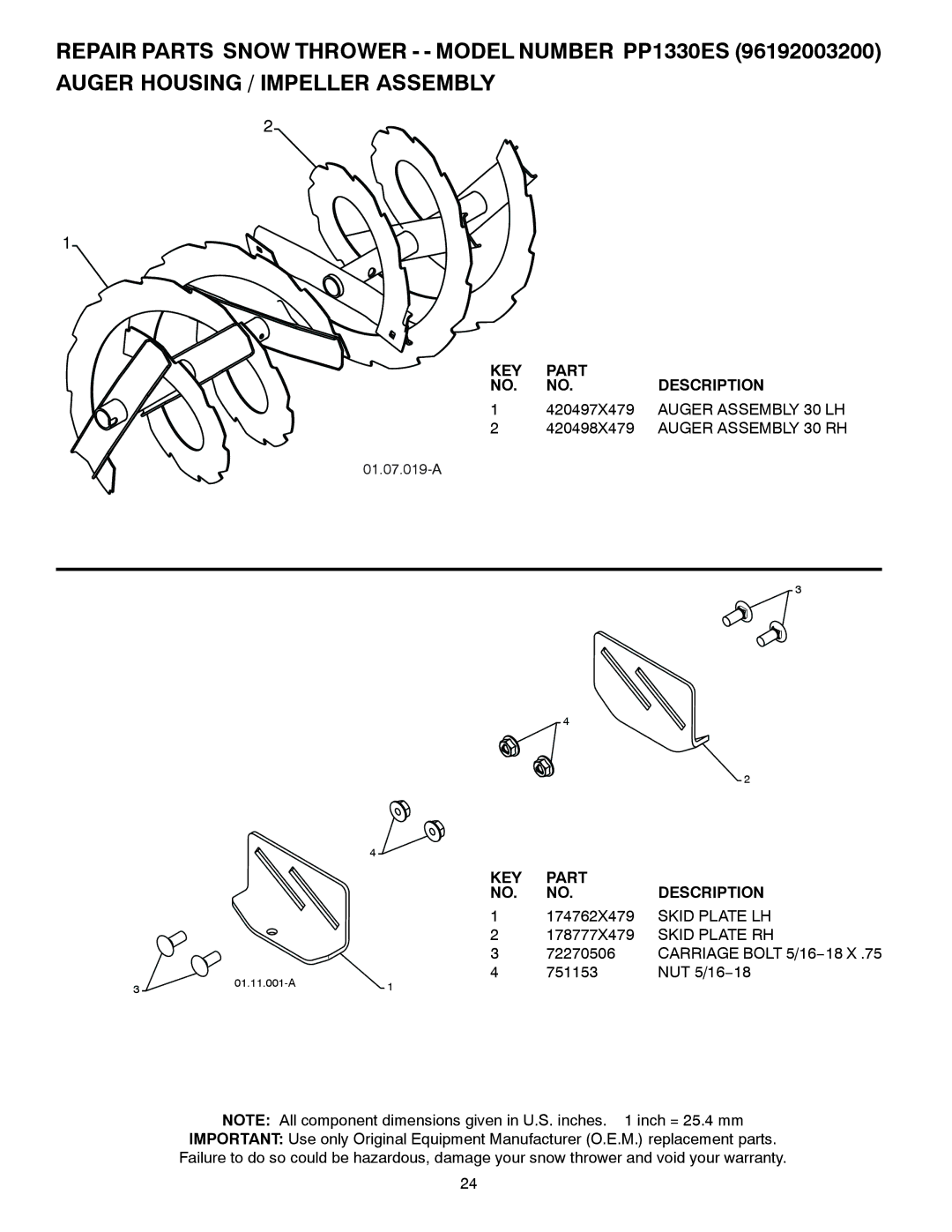 Poulan 428553, 96192003200, PP1330ES, PR1330ES owner manual Auger Assembly 30 LH, Auger Assembly 30 RH 