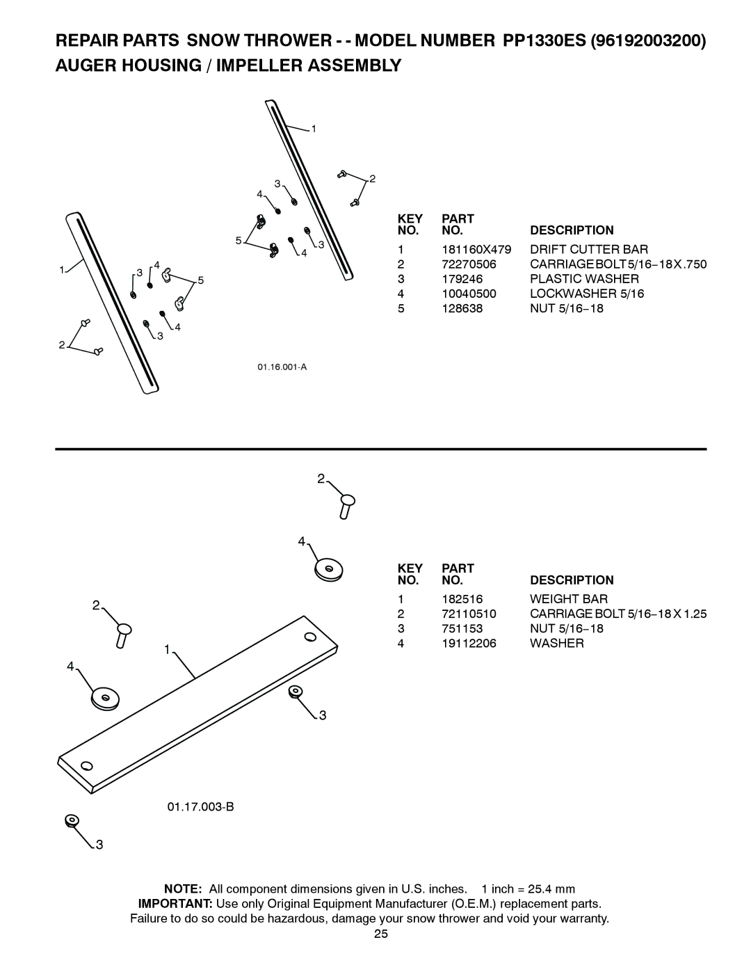 Poulan 96192003200, 428553 Drift Cutter BAR, CARRIAGEBOLT5/16−18X.750, Plastic Washer, Lockwasher 5/16, Weight BAR 