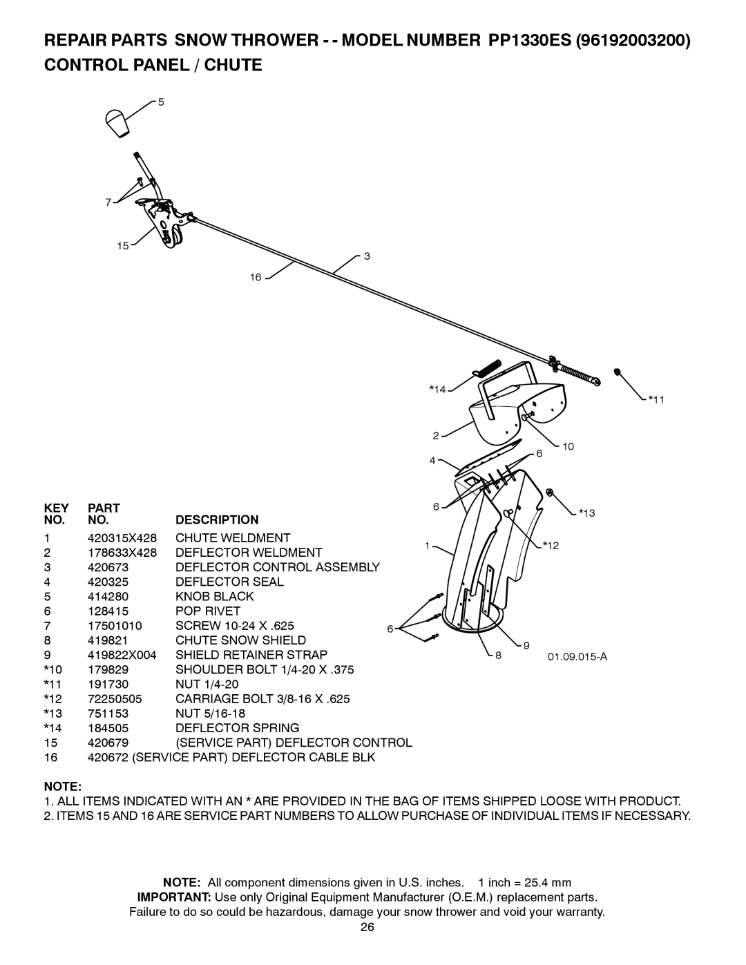 Poulan PP1330ES, 428553 Knob Black, POP Rivet, Chute Snow Shield 419822X004 Shield Retainer Strap, Deflector Spring 