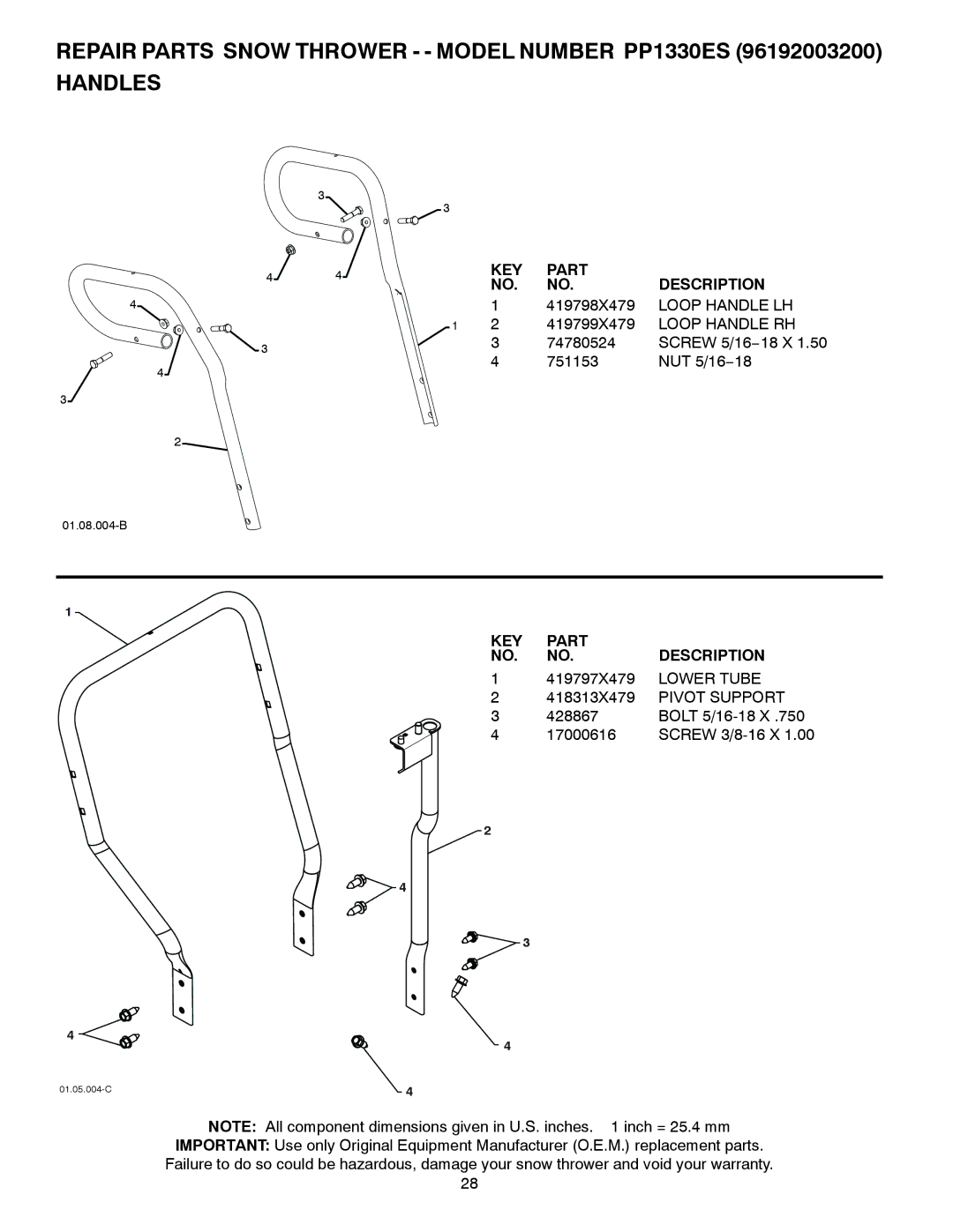 Poulan 428553, 96192003200, PP1330ES, PR1330ES owner manual Loop Handle LH, Loop Handle RH, Lower Tube, Pivot Support 