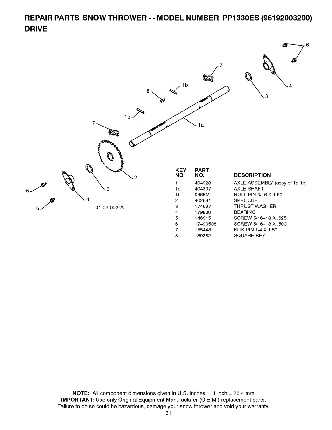 Poulan PR1330ES, 428553, 96192003200 owner manual Repair Parts Snow Thrower - Model Number PP1330ES Drive 