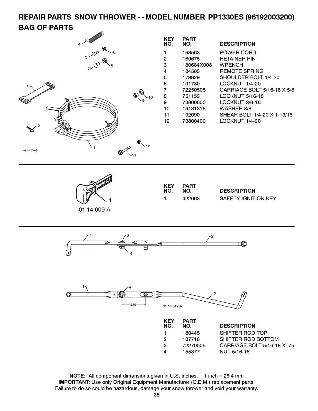 Poulan PP1330ES, 428553, 96192003200, PR1330ES owner manual 422663, Safety Ignition KEY 