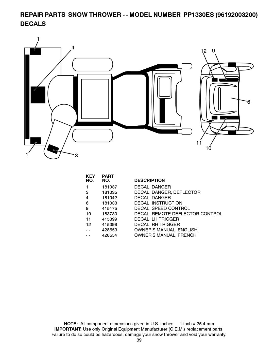 Poulan PR1330ES, 428553, 96192003200, PP1330ES 181037, DECAL, Danger, DECAL, DANGER, Deflector, DECAL, Instruction 