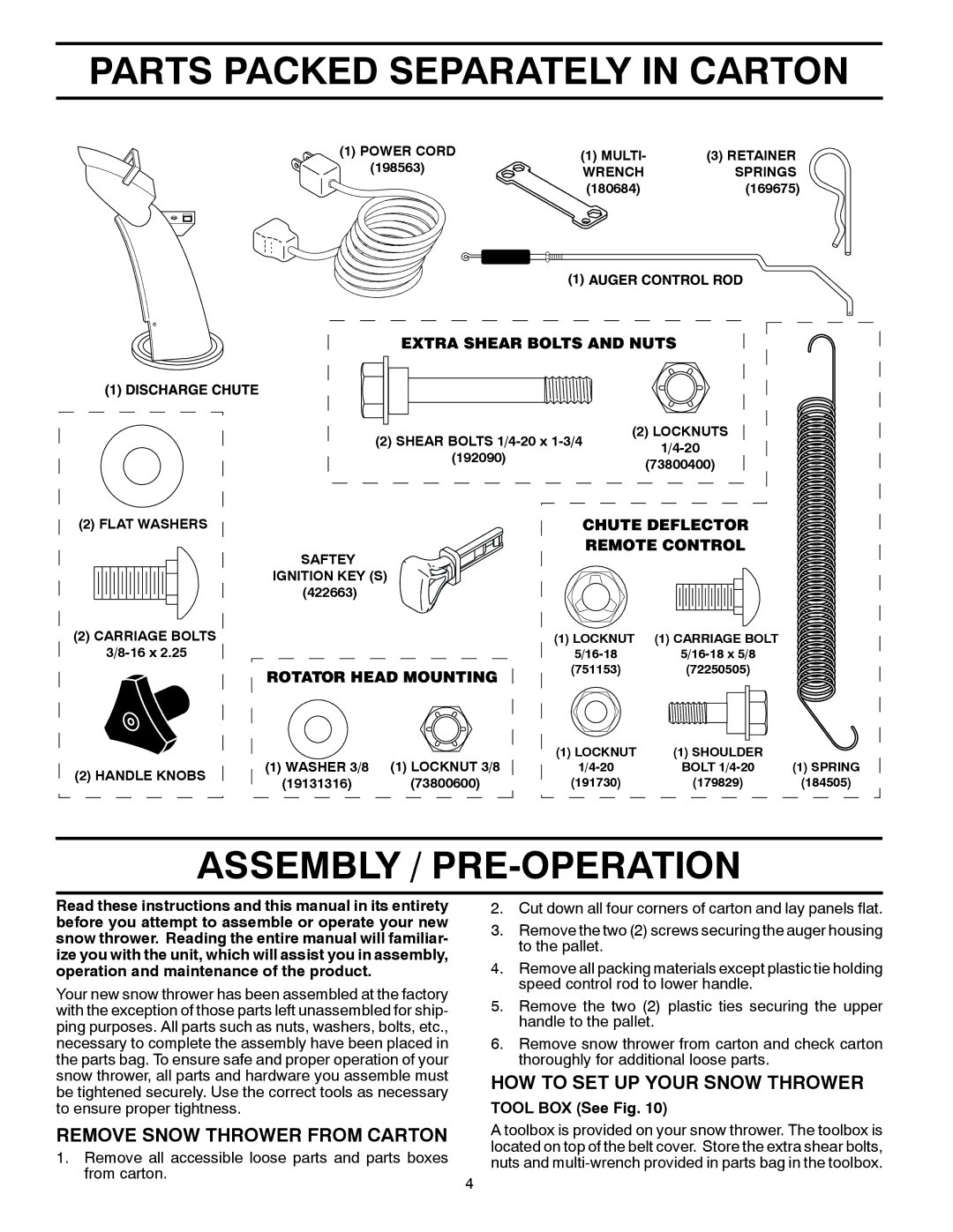 Poulan 428553, 96192003200 Parts Packed Separately in Carton, Assembly / PRE-OPERATION, Remove Snow Thrower from Carton 