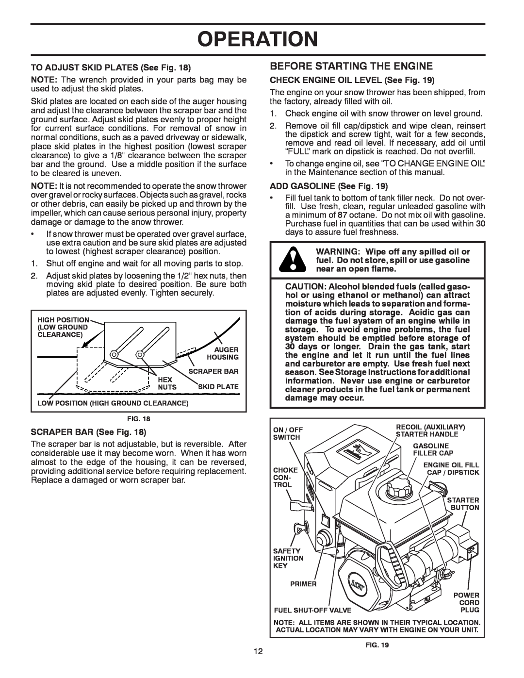 Poulan 428556 owner manual Before Starting The Engine, Operation, TO ADJUST SKID PLATES See Fig, SCRAPER BAR See Fig 