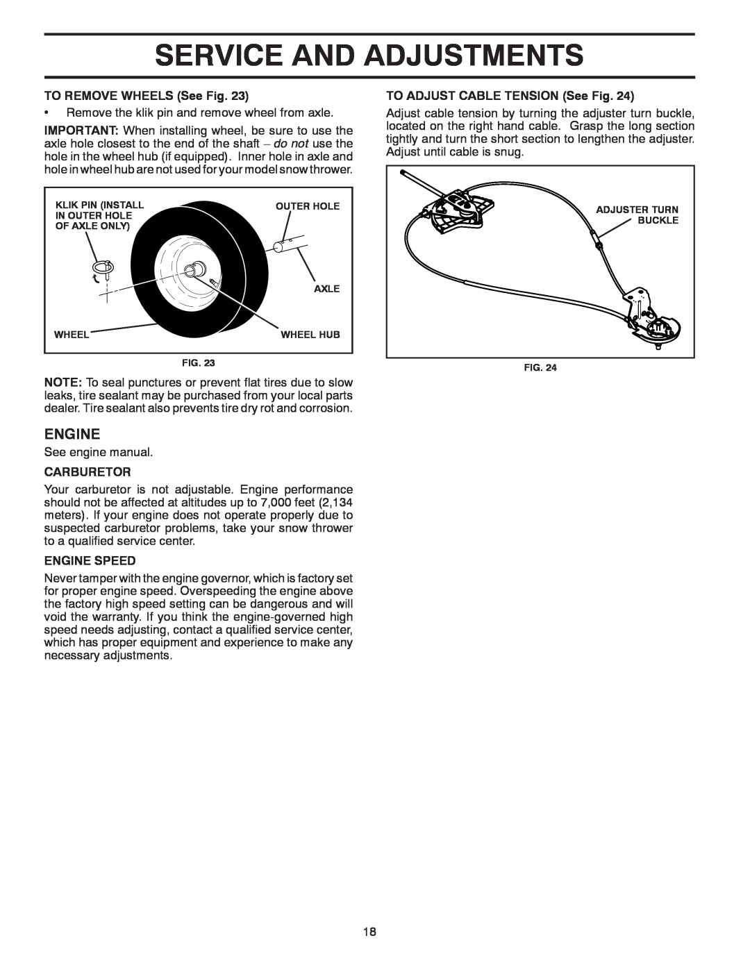 Poulan 428556 owner manual Service And Adjustments, TO REMOVE WHEELS See Fig, Carburetor, Engine Speed 