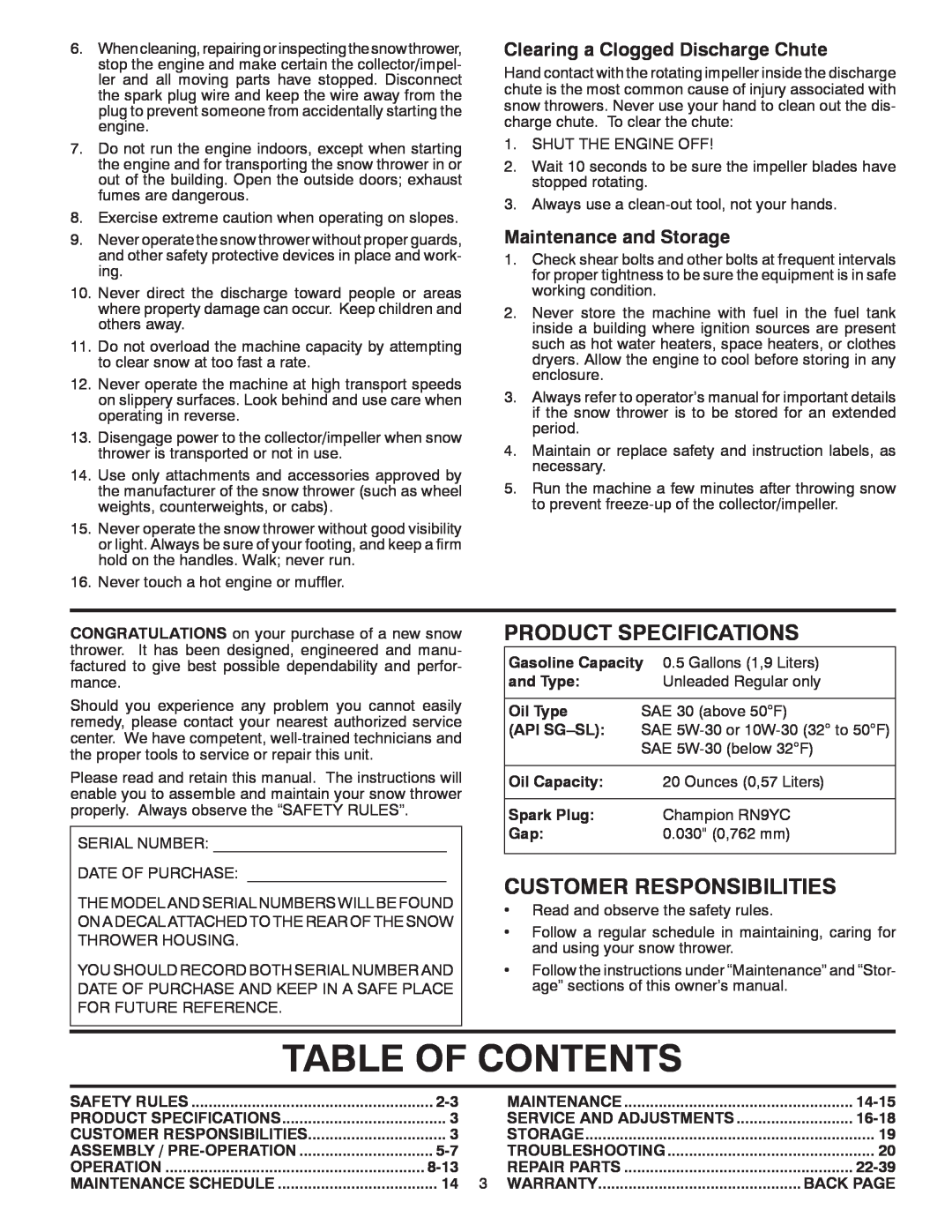 Poulan 428556 Table Of Contents, Product Specifications, Customer Responsibilities, Clearing a Clogged Discharge Chute 