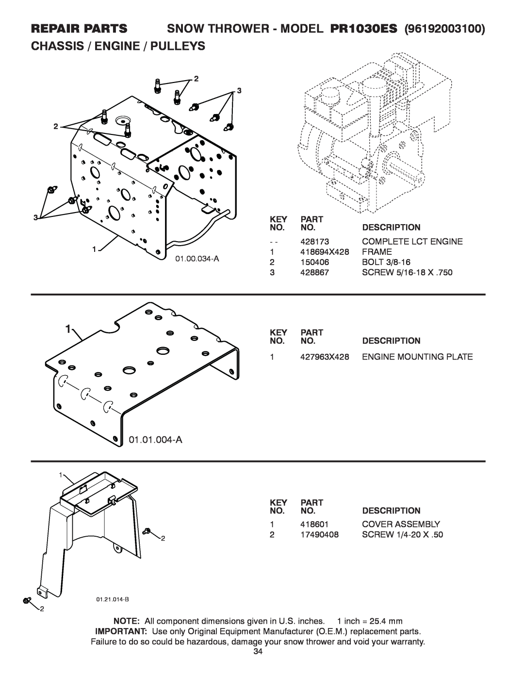 Poulan 428556 REPAIR PARTS SNOW THROWER - MODEL PR1030ES CHASSIS / ENGINE / PULLEYS, 01.01.004-A, Part, Description 