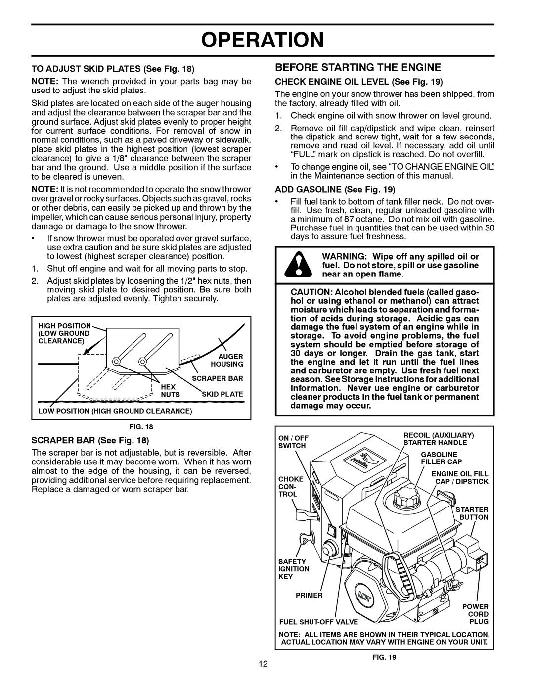 Poulan 428556 Before Starting the Engine, To Adjust Skid Plates See Fig, Scraper BAR See Fig, ADD Gasoline See Fig 