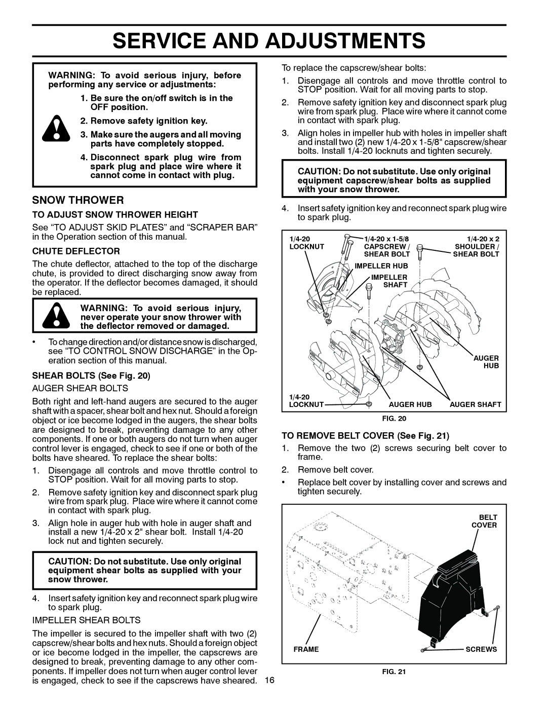 Poulan 428556 owner manual Service and Adjustments, To Adjust Snow Thrower Height, Chute Deflector, Shear Bolts See Fig 