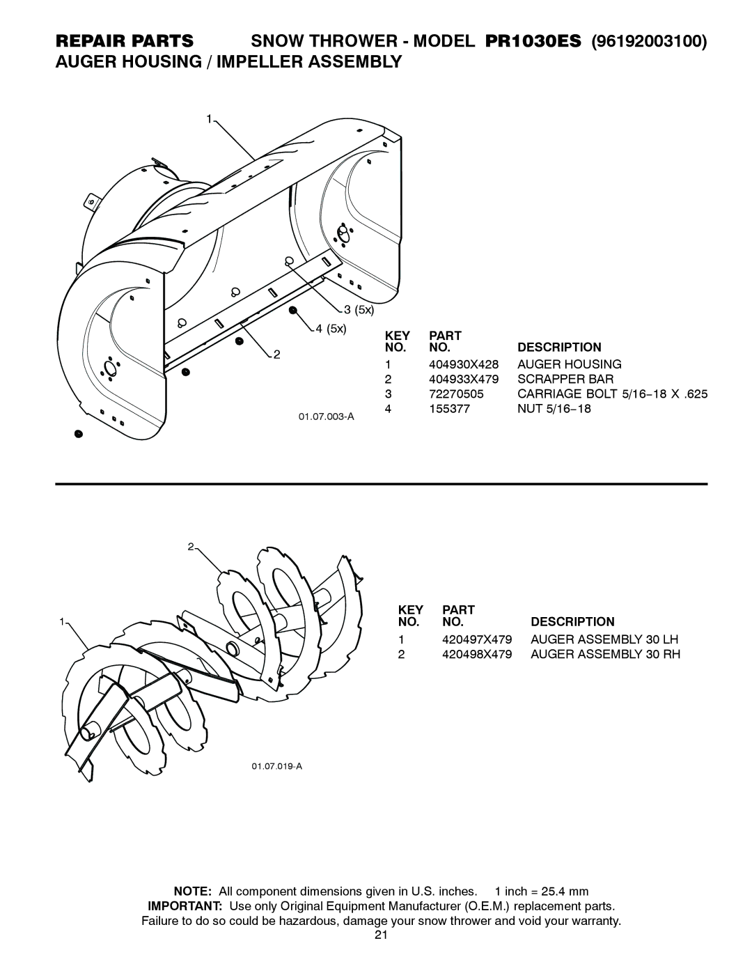 Poulan 428556 owner manual KEY Part Description, Auger Housing, Scrapper BAR, Auger Assembly 30 LH, Auger Assembly 30 RH 