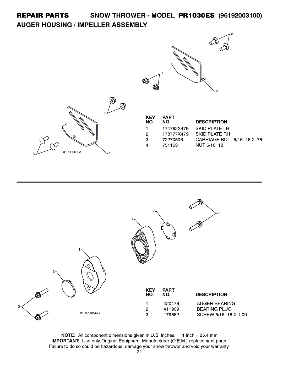 Poulan 428556 owner manual Auger Bearing, Bearing Plug 