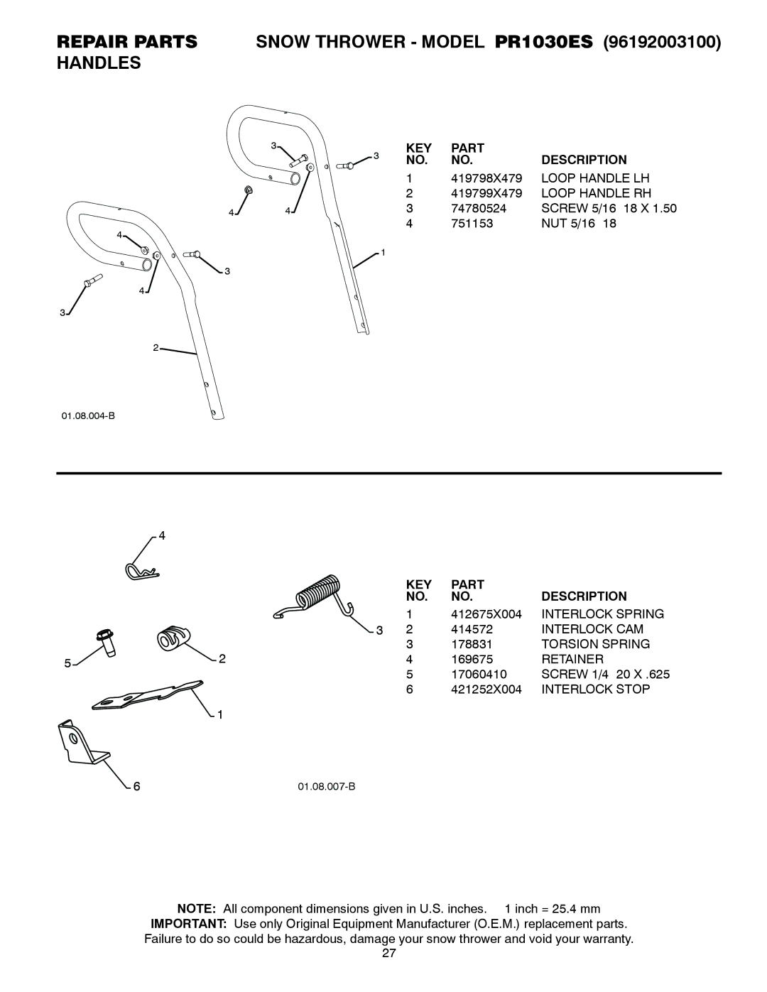 Poulan 428556 owner manual Repair Parts Snow Thrower Model PR1030ES Handles 