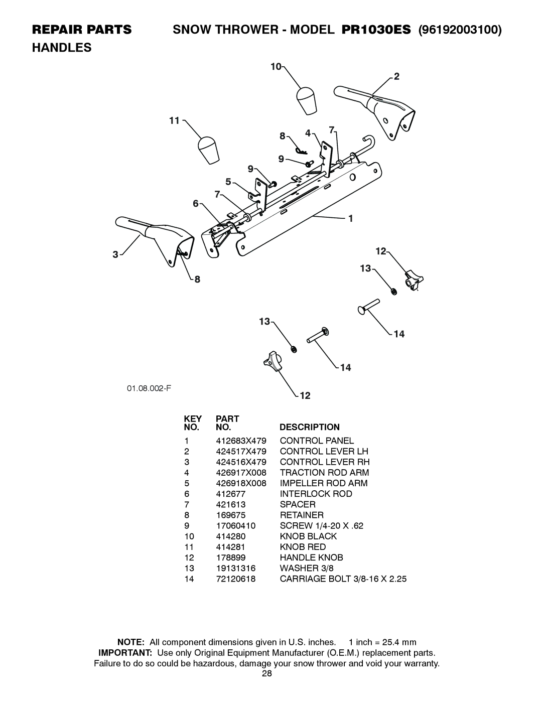 Poulan 428556 owner manual Repair Parts Handles, Spacer, Knob RED, Handle Knob, Washer 3/8 