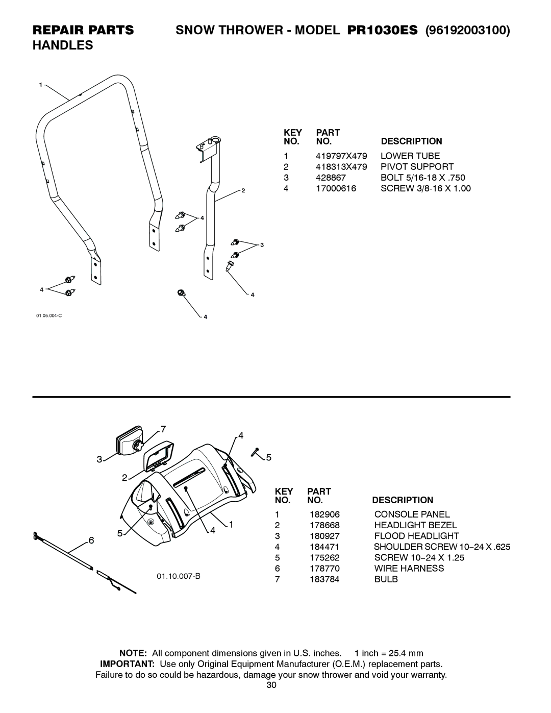 Poulan 428556 owner manual Lower Tube, Pivot Support, Console Panel, Headlight Bezel, Flood Headlight, Wire Harness, Bulb 