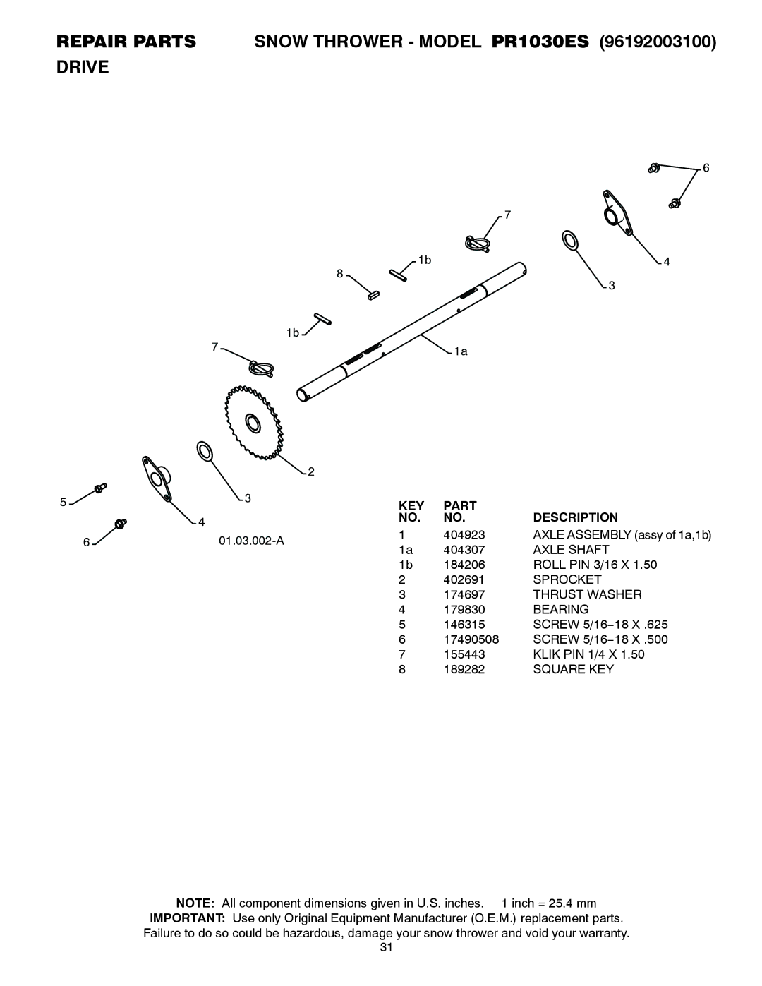 Poulan 428556 owner manual Repair Parts Snow Thrower Model PR1030ES Drive, Axle Shaft, Sprocket 