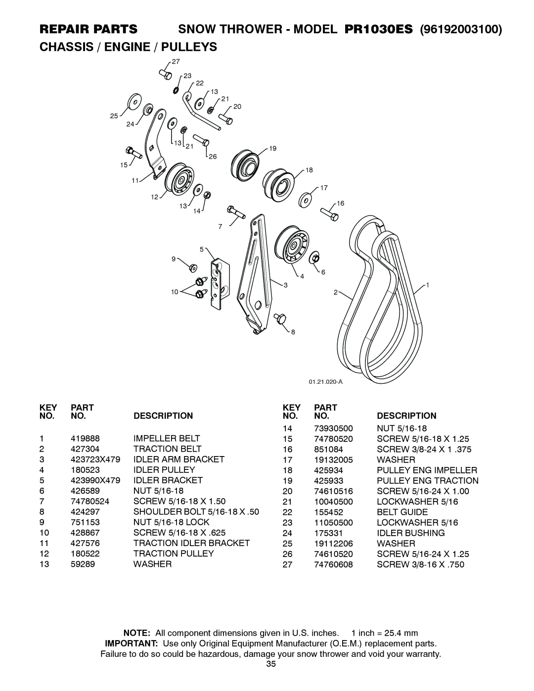 Poulan 428556 owner manual Impeller Belt, Traction Belt, Idler ARM Bracket, Idler Pulley, Idler Bracket, Belt Guide 