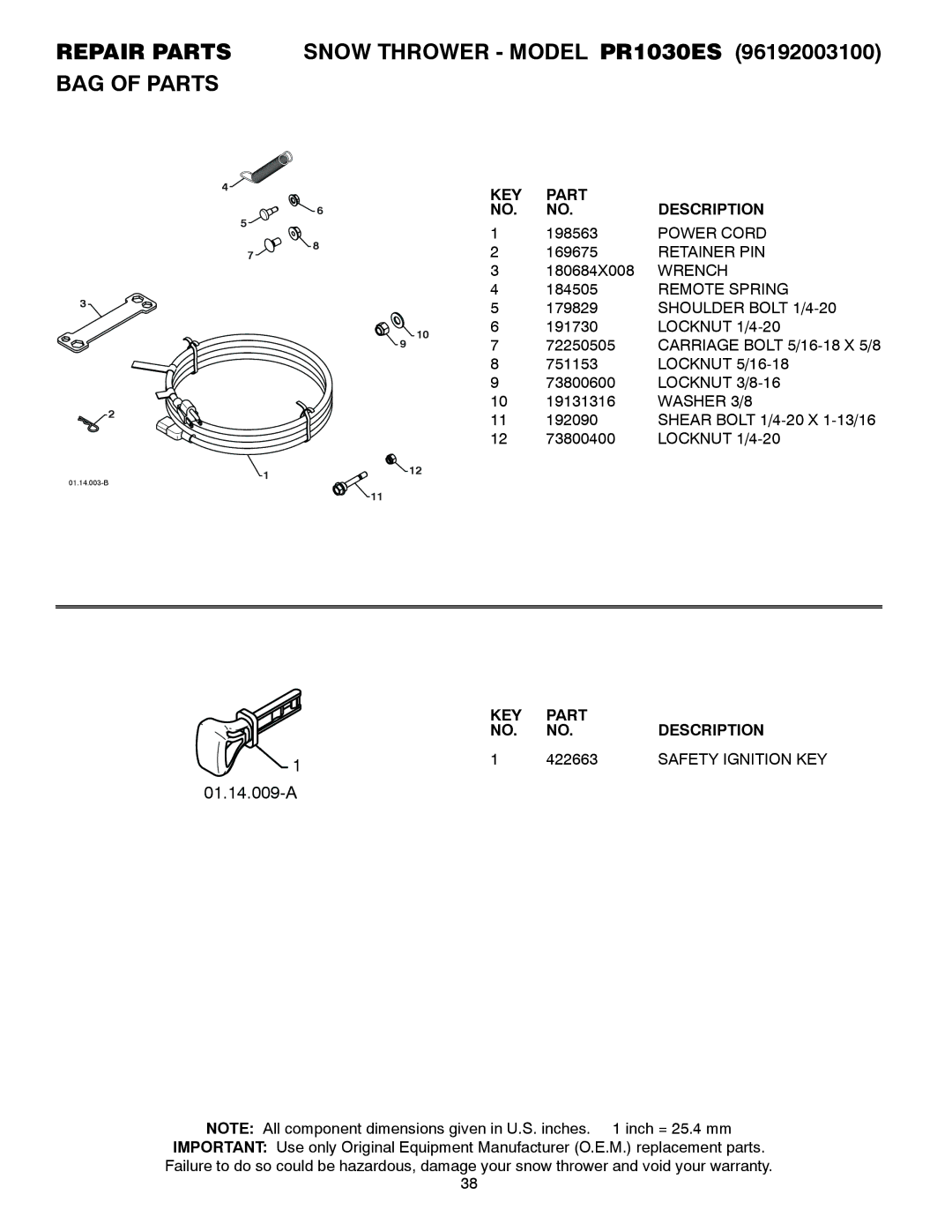 Poulan 428556 owner manual Repair Parts Snow Thrower Model PR1030ES BAG of Parts, 422663, Safety Ignition KEY 