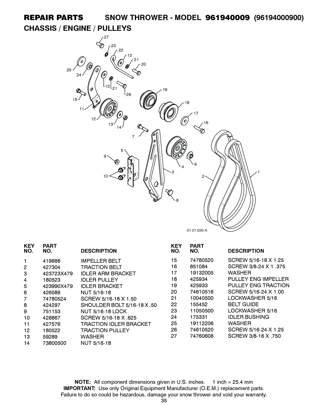 Poulan 96194000900, 428558 Impeller Belt, Traction Belt, Idler ARM Bracket, Idler Pulley, Idler Bracket, Belt Guide 