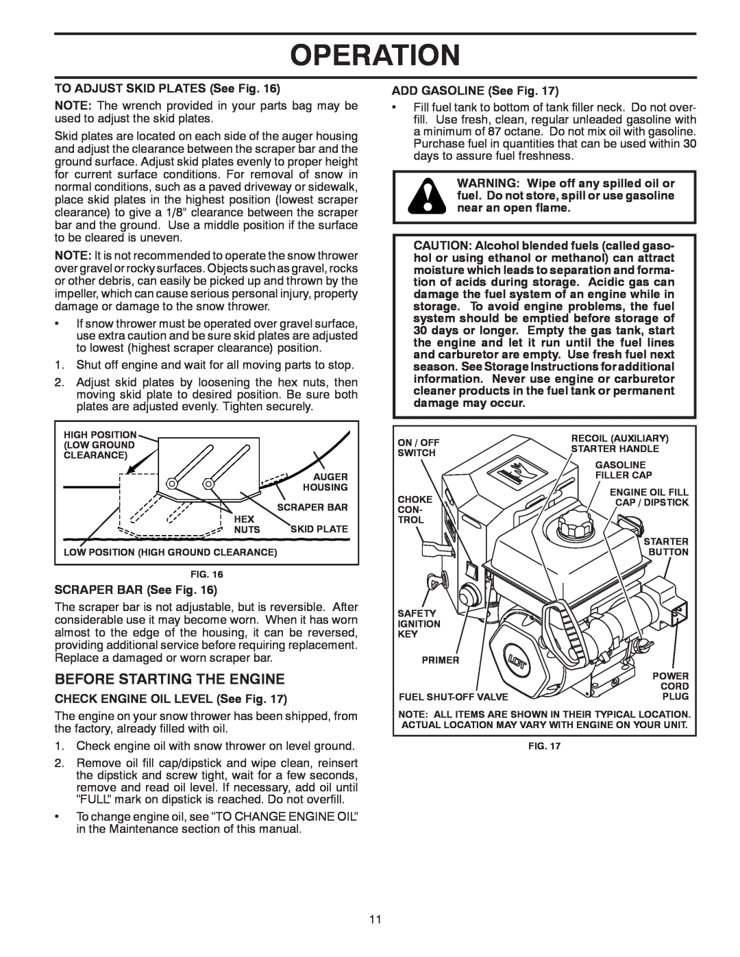Poulan 96192002901, 428689 Before Starting The Engine, Operation, TO ADJUST SKID PLATES See Fig, SCRAPER BAR See Fig 