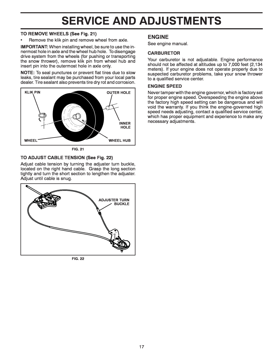 Poulan 96192002901 Service And Adjustments, Engine, TO REMOVE WHEELS See Fig, TO ADJUST CABLE TENSION See Fig, Carburetor 