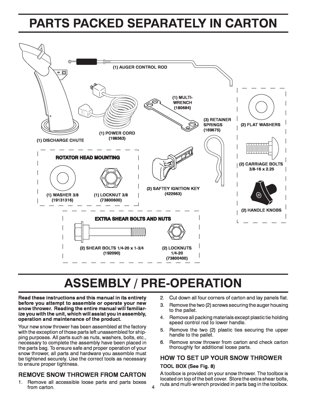Poulan 428689, 96192002901 Parts Packed Separately In Carton, Assembly / Pre-Operation, How To Set Up Your Snow Thrower 