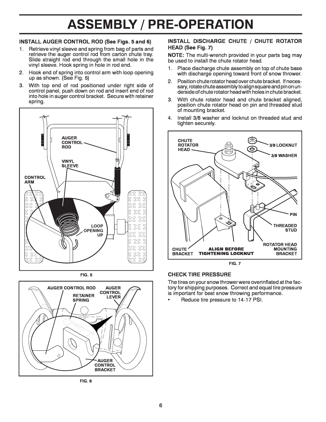 Poulan 428689, 96192002901 Assembly / Pre-Operation, INSTALL AUGER CONTROL ROD See Figs. 5 and, Check Tire Pressure 