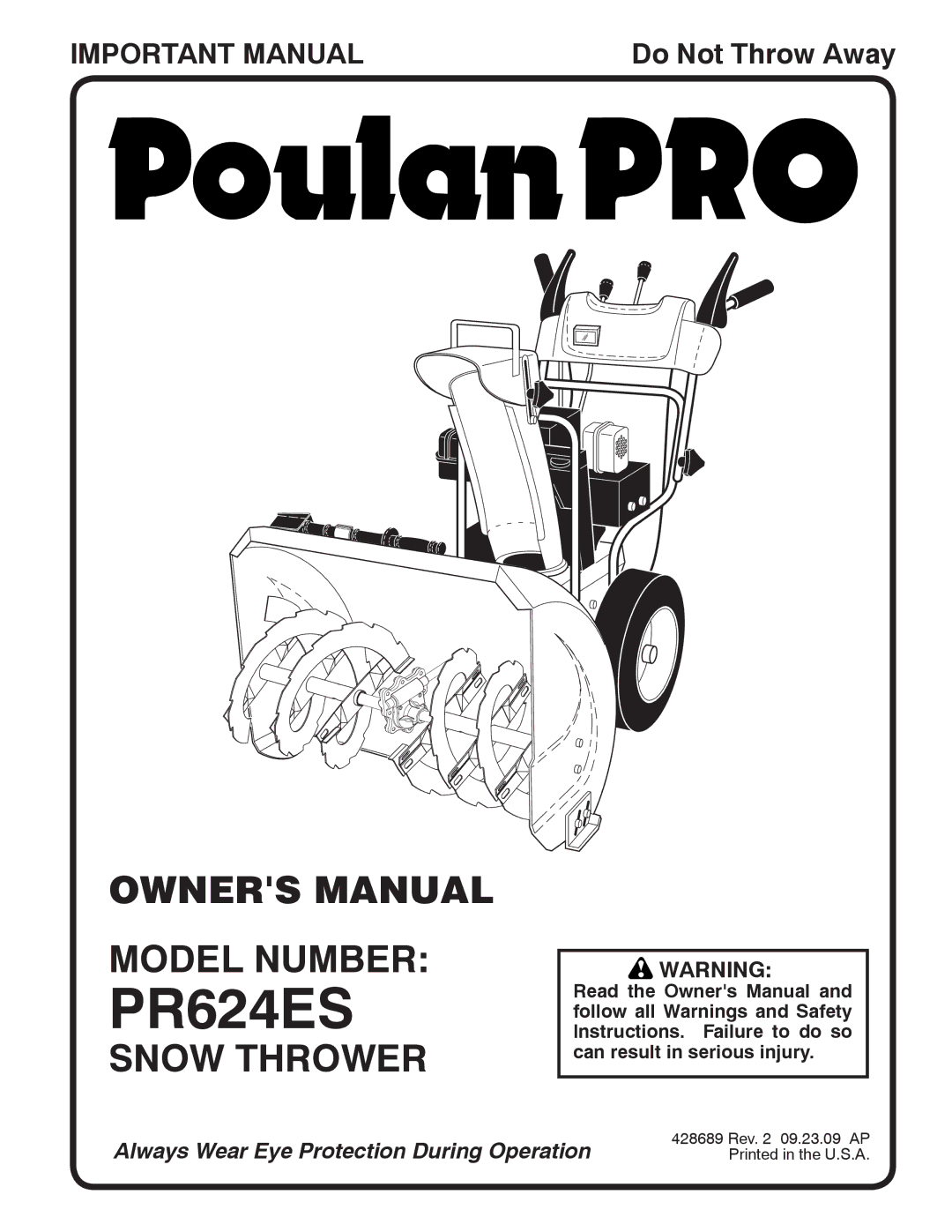 Poulan 96192002901, 428689 owner manual Model Number, Snow Thrower 